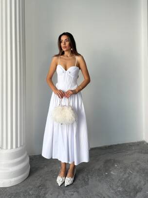 ROSESA KORSAJ DETAY MİDİ POPLİN BEYAZ ELBİSE 