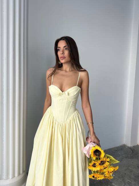 ROSESA KORSAJ DETAY MİDİ POPLİN SARI ELBİSE - 1