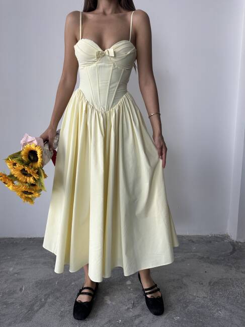 ROSESA KORSAJ DETAY MİDİ POPLİN SARI ELBİSE - 6