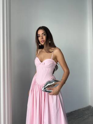 ROSESA KORSAJ DETAY MİDİ POPLİN PEMBE ELBİSE 