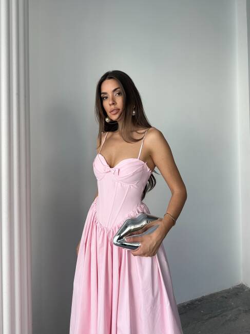 ROSESA KORSAJ DETAY MİDİ POPLİN PEMBE ELBİSE - 1