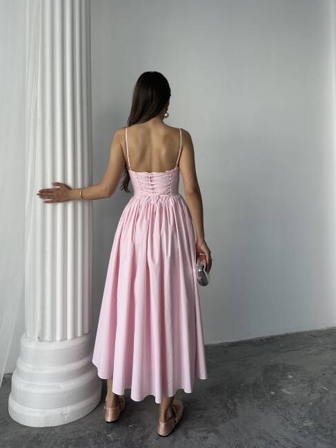 ROSESA KORSAJ DETAY MİDİ POPLİN PEMBE ELBİSE - 2