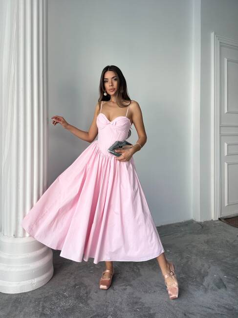 ROSESA KORSAJ DETAY MİDİ POPLİN PEMBE ELBİSE - 3