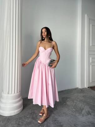 ROSESA KORSAJ DETAY MİDİ POPLİN PEMBE ELBİSE 