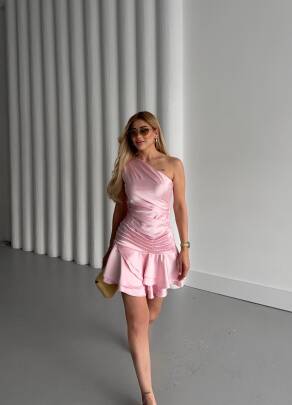 Tek Omuz Detaylı ELLİOT Mini Elbise 3034 - Pembe 