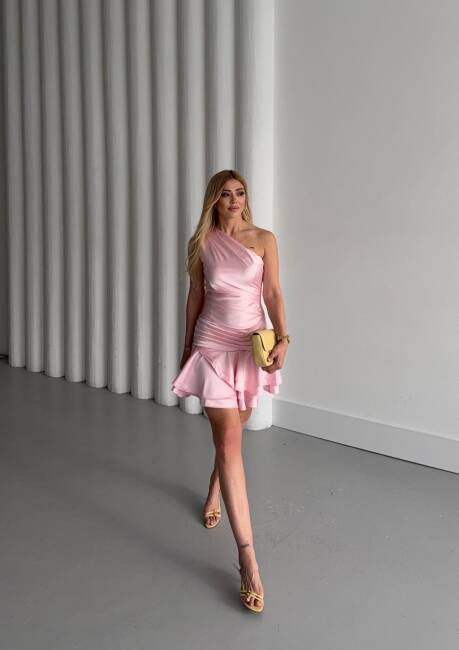 Tek Omuz Detaylı ELLİOT Mini Elbise 3034 - Pembe - 4