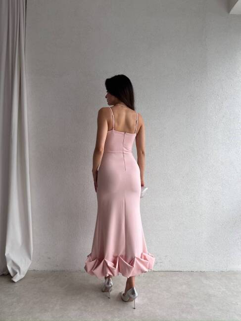 VARSEY MİDİ ATLAS KUMAŞ ETEĞİ FIRFIRLI PEMBE ELBİSE - 2