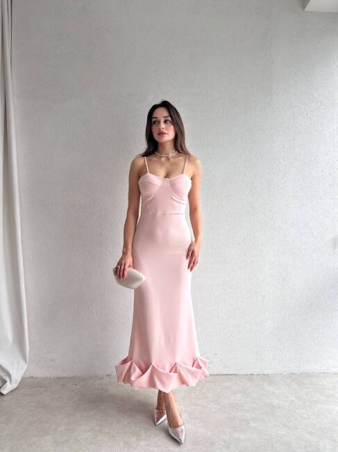 VARSEY MİDİ ATLAS KUMAŞ ETEĞİ FIRFIRLI PEMBE ELBİSE - 1