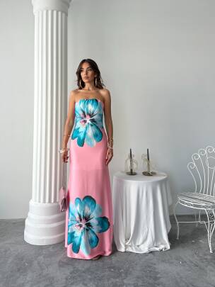 ZAYN Maxi Çiçek Desenli Elbise 3068 - Pembe 