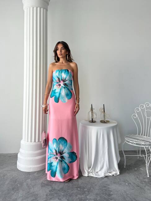 ZAYN Maxi Çiçek Desenli Elbise 3068 - Pembe - 1