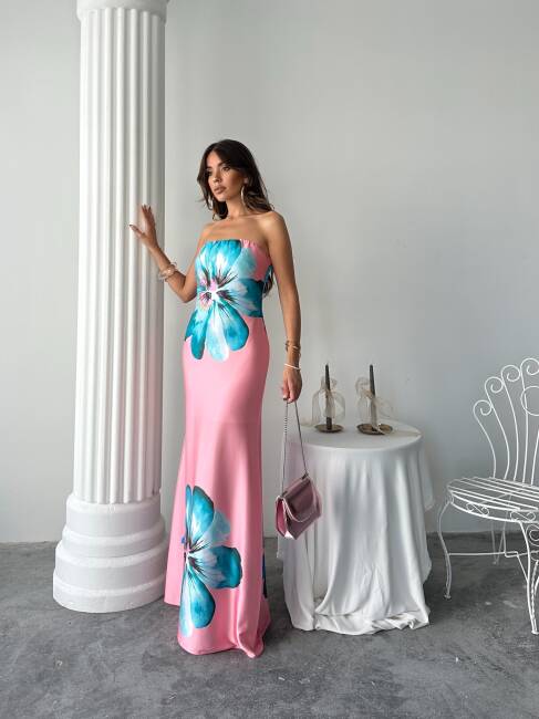 ZAYN Maxi Çiçek Desenli Elbise 3068 - Pembe - 4