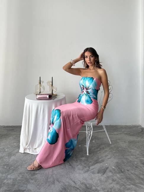 ZAYN Maxi Çiçek Desenli Elbise 3068 - Pembe - 5