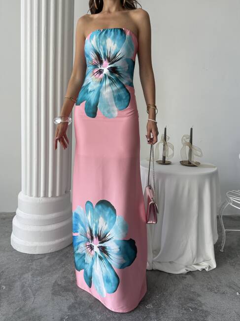 ZAYN Maxi Çiçek Desenli Elbise 3068 - Pembe - 3