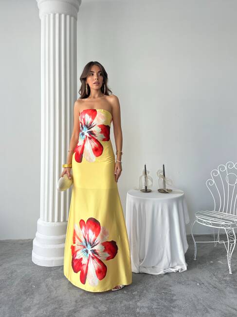 ZAYN Maxi Çiçek Desenli Elbise 3068 - Sarı - 3